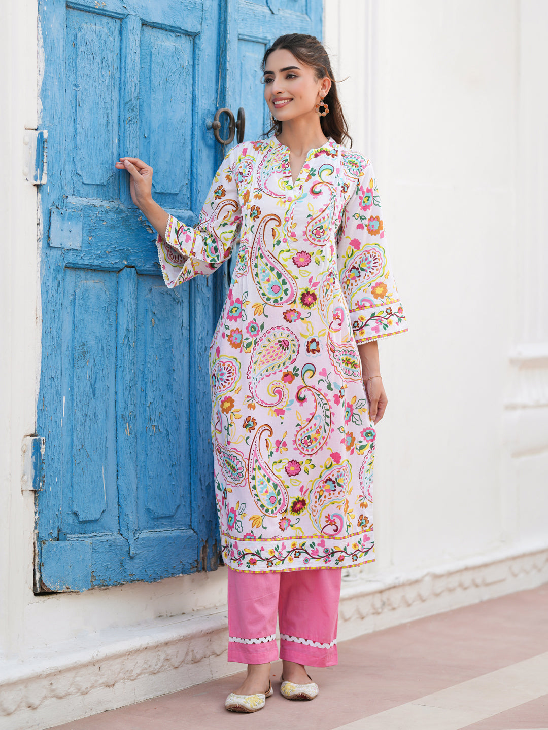 Paisley Printed Mandarin Collar Straight Cotton Kurta