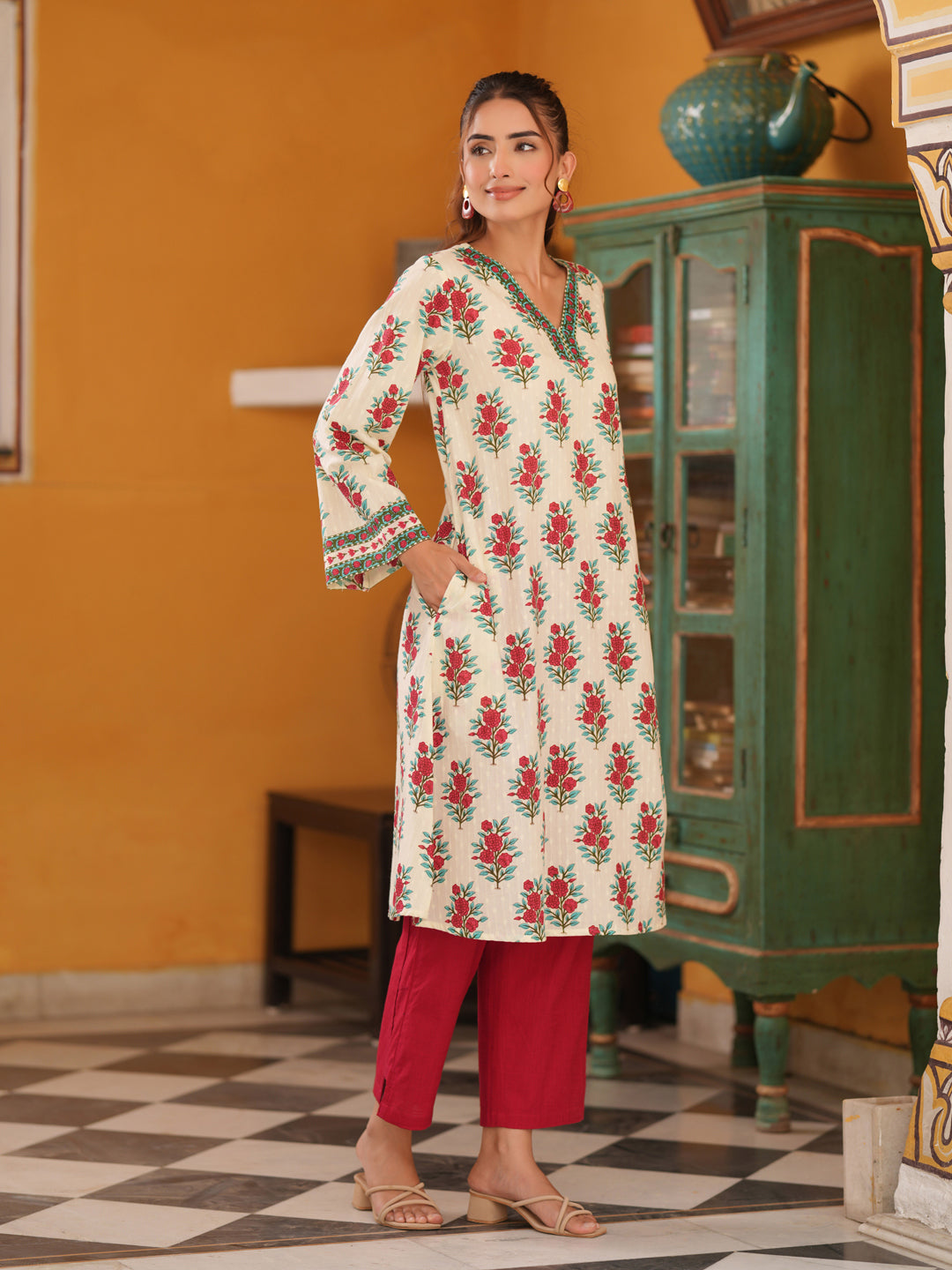 Women Ethnic Motifs Printed Pure Cotton Flared Sleeves A-Line Kurta