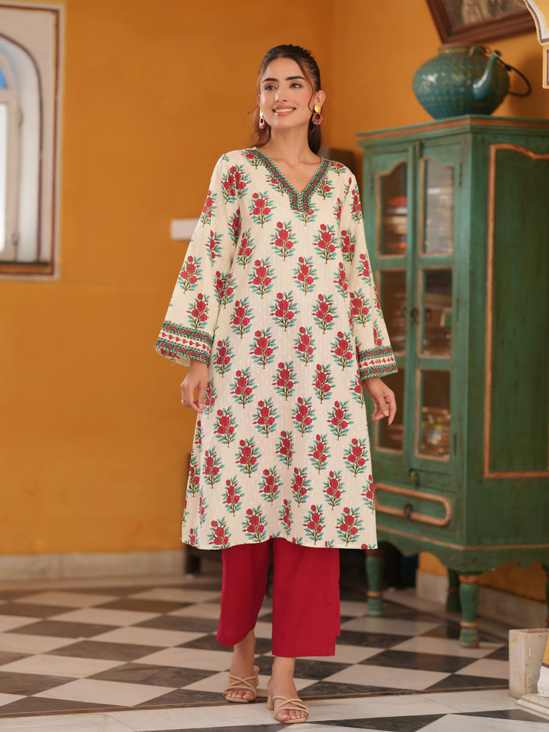 Women Ethnic Motifs Printed Pure Cotton Flared Sleeves A-Line Kurta