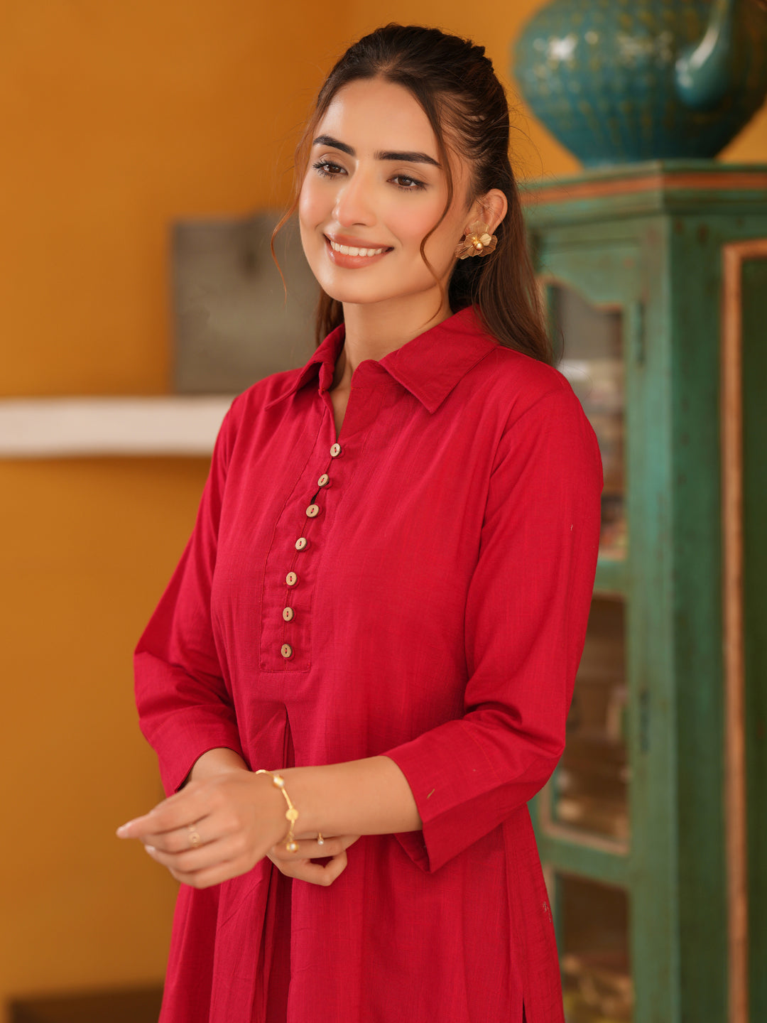 Women Solid Cotton Kurta with Trousers