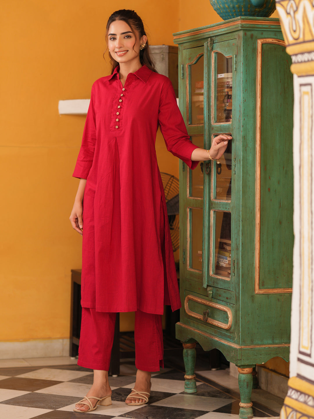 Women Solid Cotton Kurta with Trousers