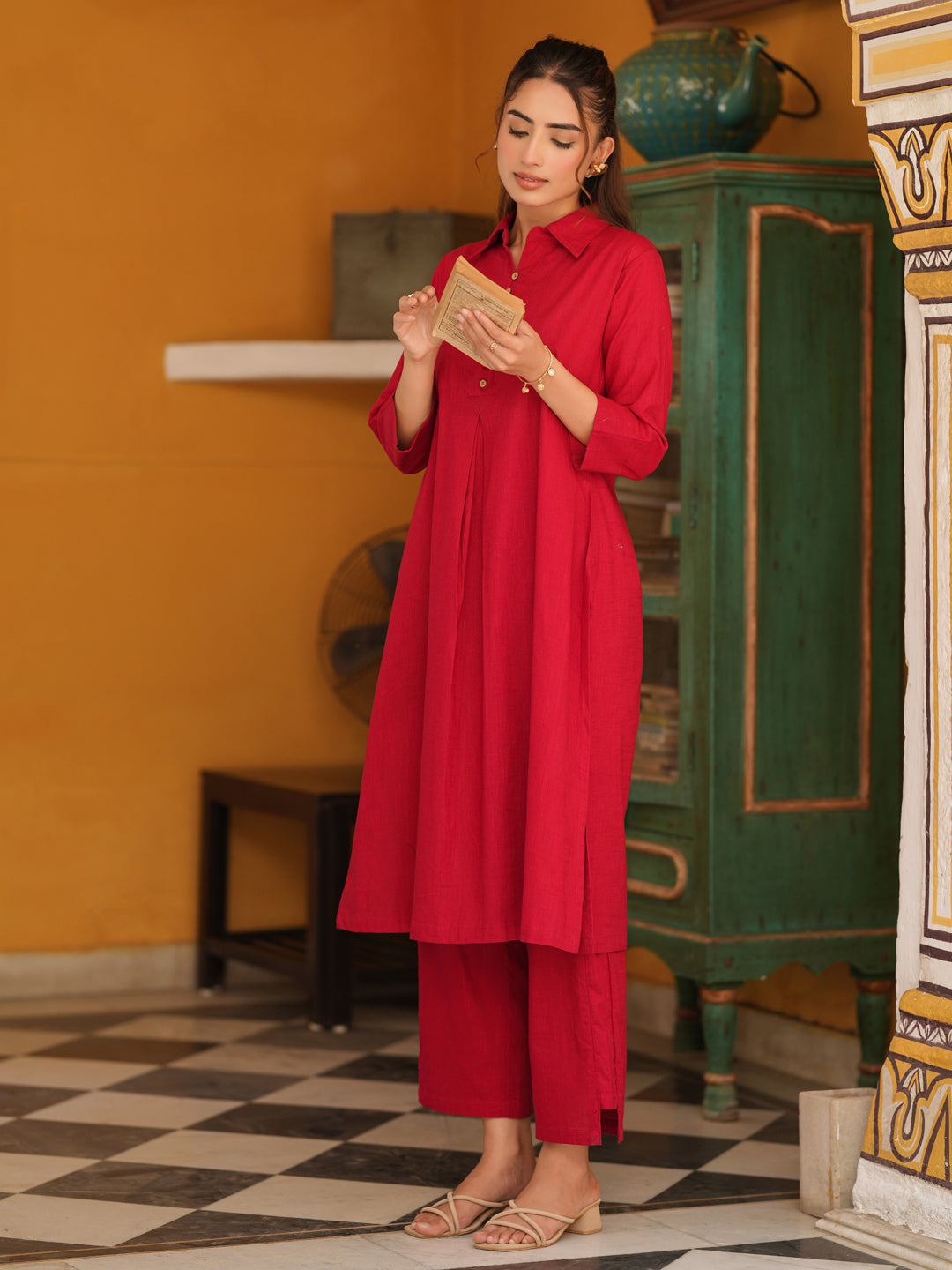 Women Solid Cotton Kurta with Trousers