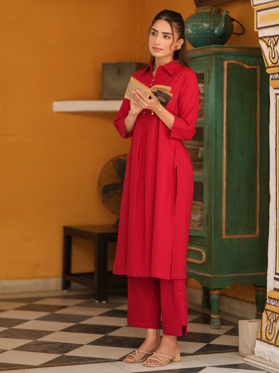 Women Solid Cotton Kurta with Trousers