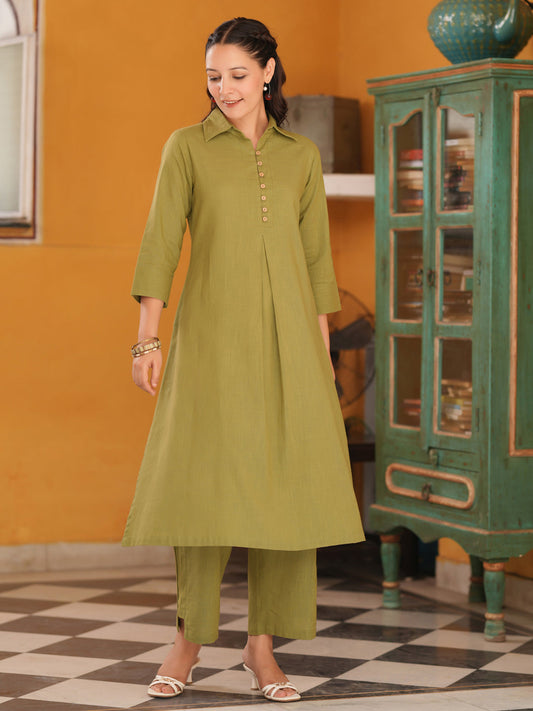 Shirt Collar Pure Cotton A-Line Kurta With Trousers