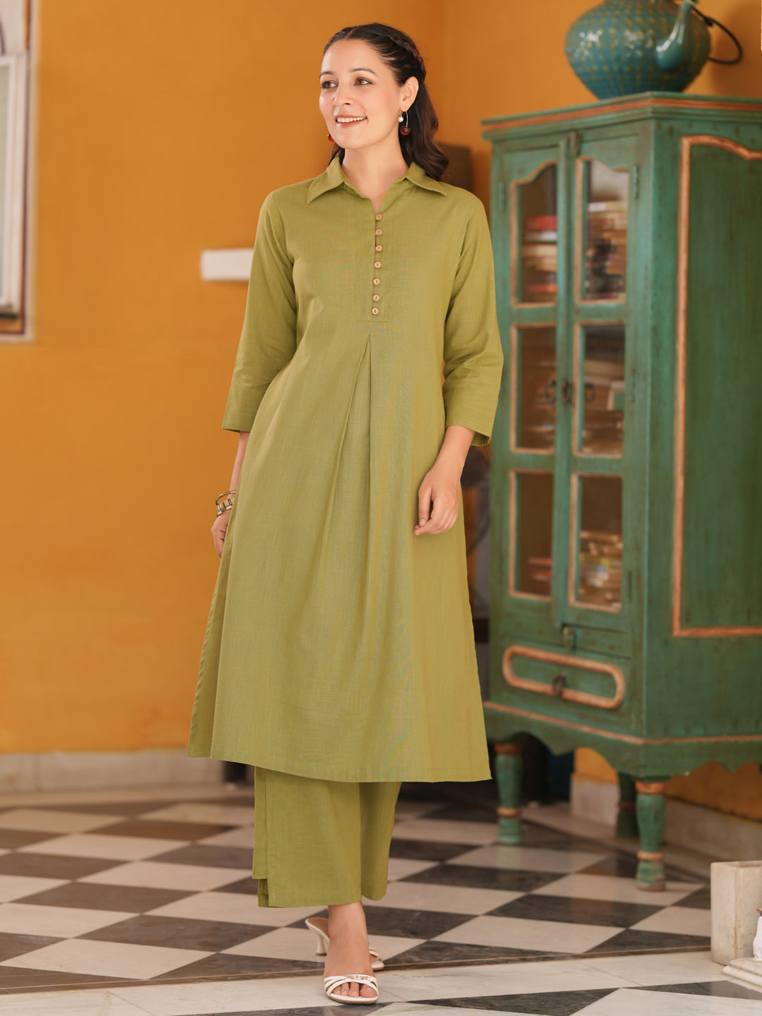 Shirt Collar Pure Cotton A-Line Kurta With Trousers