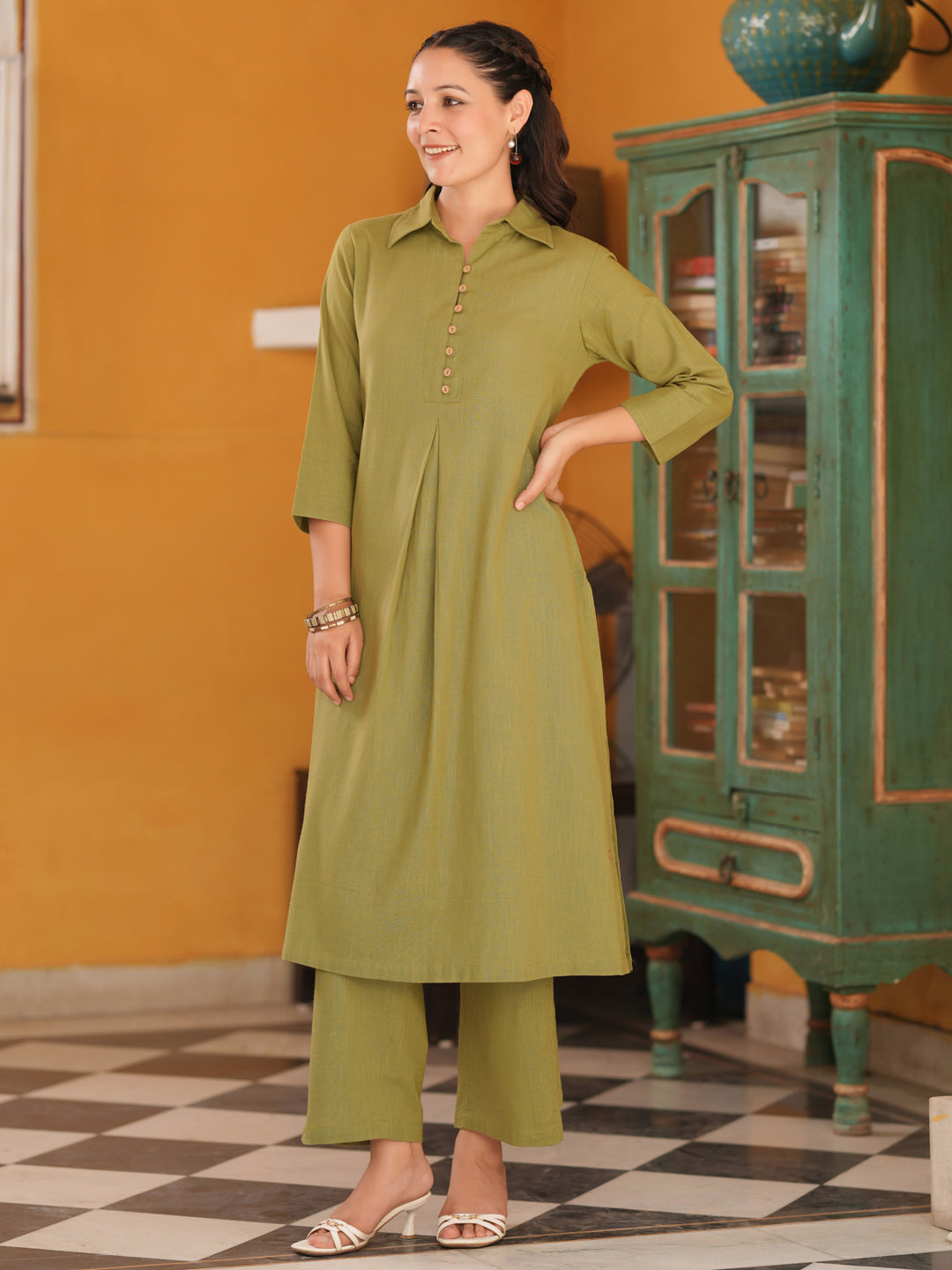 Shirt Collar Pure Cotton A-Line Kurta With Trousers