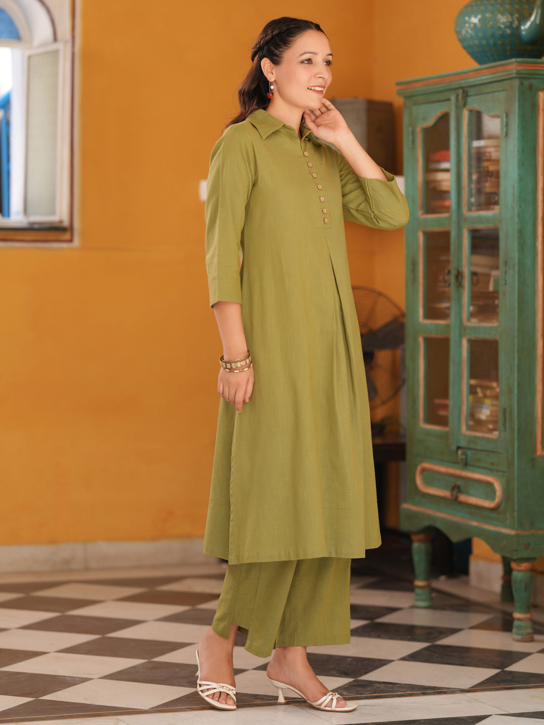 Shirt Collar Pure Cotton A-Line Kurta With Trousers