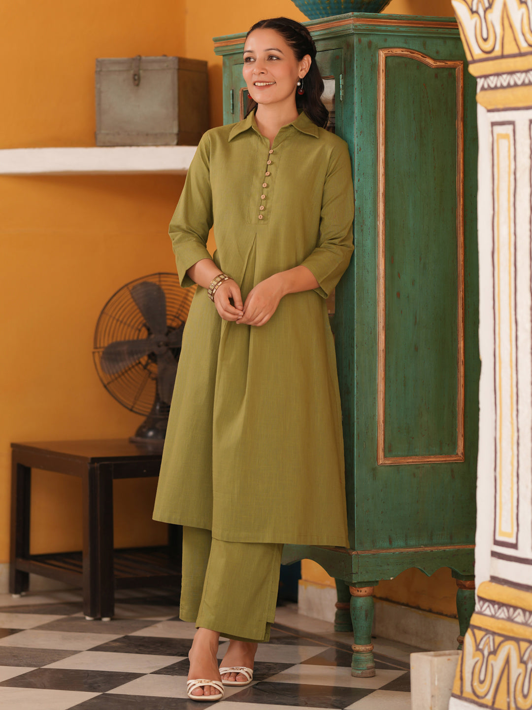 Shirt Collar Pure Cotton A-Line Kurta With Trousers