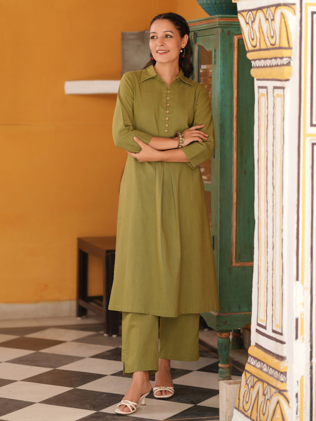 Shirt Collar Pure Cotton A-Line Kurta With Trousers