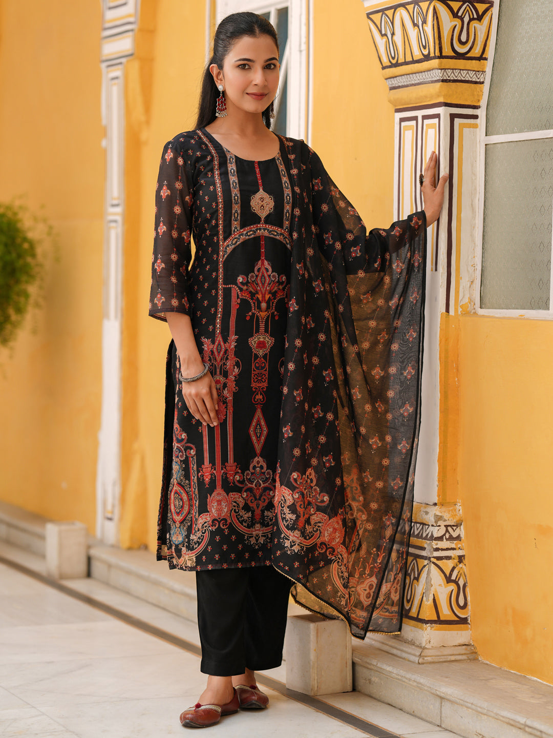 Women Sequinned Chanderi Cotton Kurta with Trousers & Dupatta