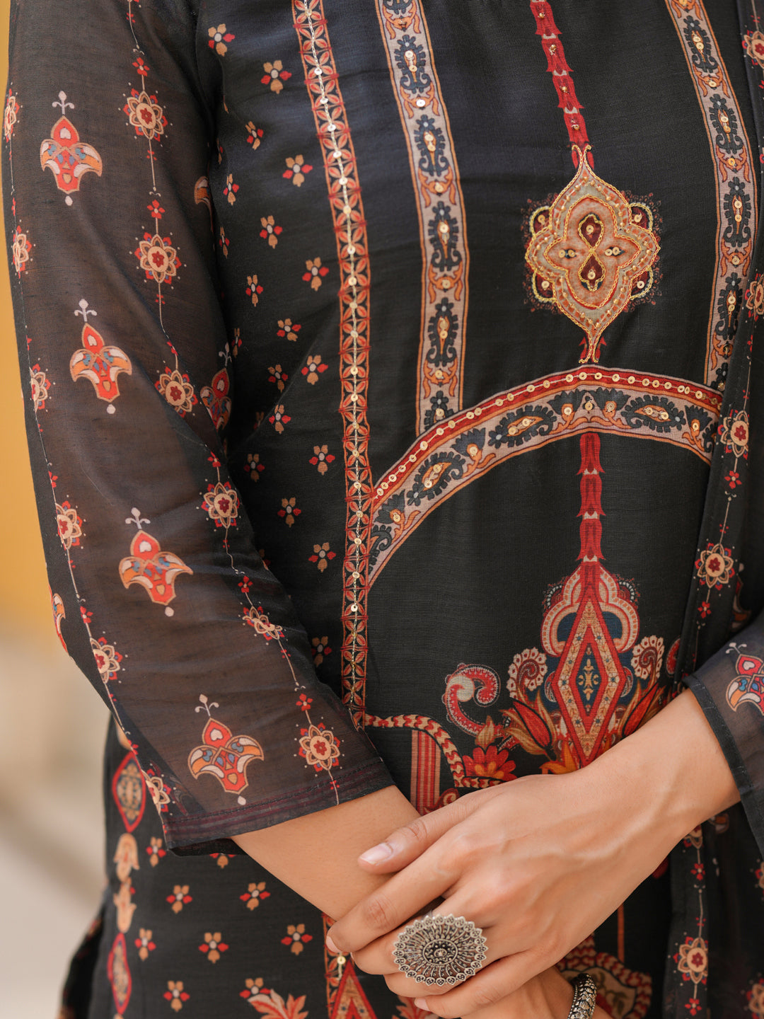 Women Sequinned Chanderi Cotton Kurta with Trousers & Dupatta