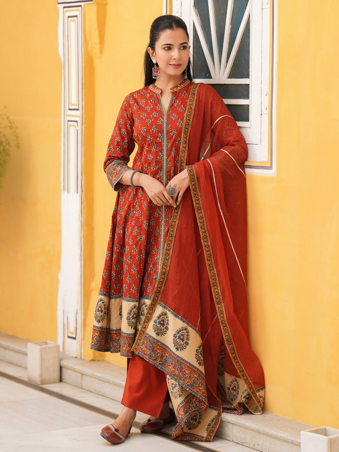 Women Ethnic Motifs Printed Cotton Anarkali Kurta with Trousers & Dupatta