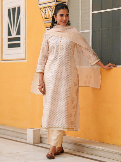 Women Ethnic Motifs Printed Regular Chanderi Cotton Straight Kurta Set