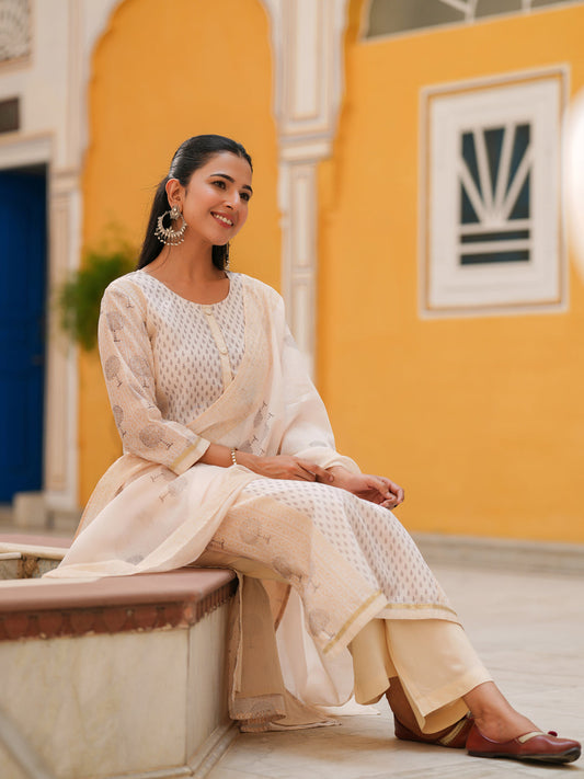 Women Ethnic Motifs Printed Regular Chanderi Cotton Straight Kurta Set