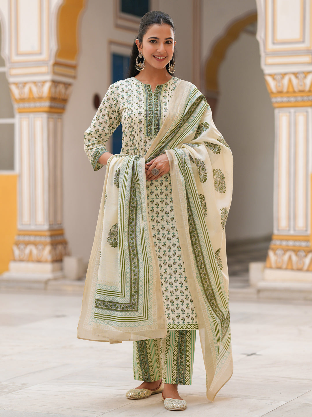 Women Printed Sequinned Pure Cotton Kurta with Trousers & Dupatta