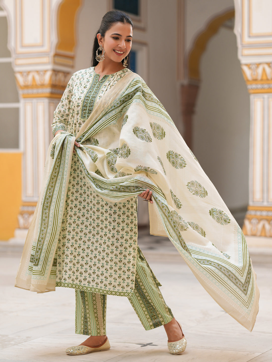 Women Printed Sequinned Pure Cotton Kurta with Trousers & Dupatta