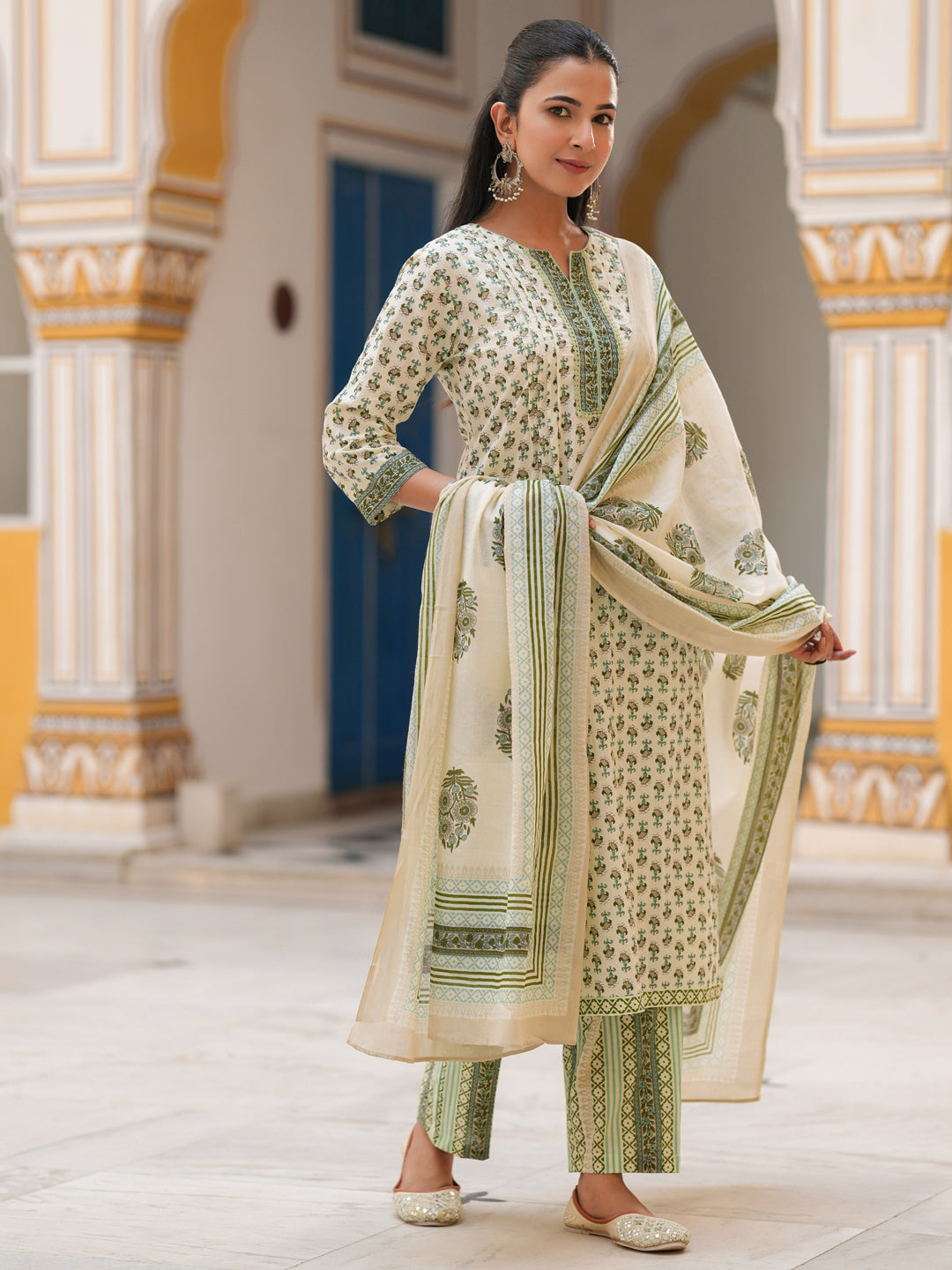 Women Printed Sequinned Pure Cotton Kurta with Trousers & Dupatta