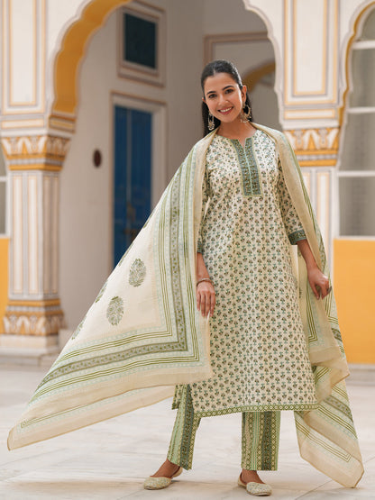 Women Printed Sequinned Pure Cotton Kurta with Trousers & Dupatta