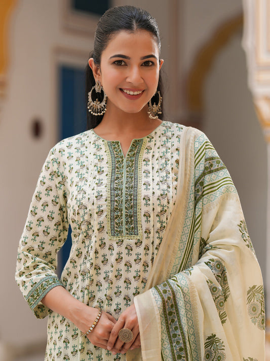 Women Printed Sequinned Pure Cotton Kurta with Trousers & Dupatta