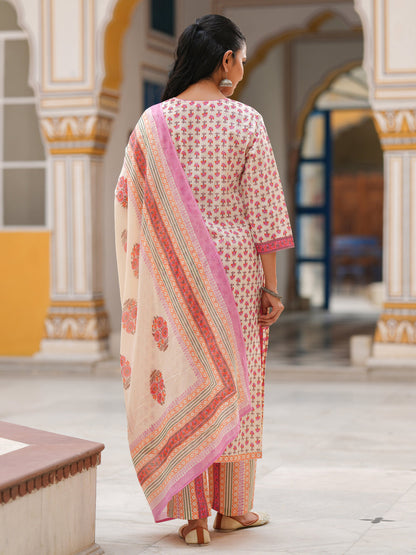 Women Ethnic Motifs Printed Lace Work Pure Cotton Kurta Set With Dupatta