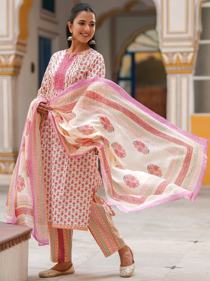 Women Ethnic Motifs Printed Lace Work Pure Cotton Kurta Set With Dupatta