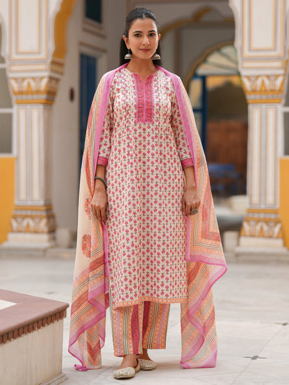 Women Ethnic Motifs Printed Lace Work Pure Cotton Kurta Set With Dupatta