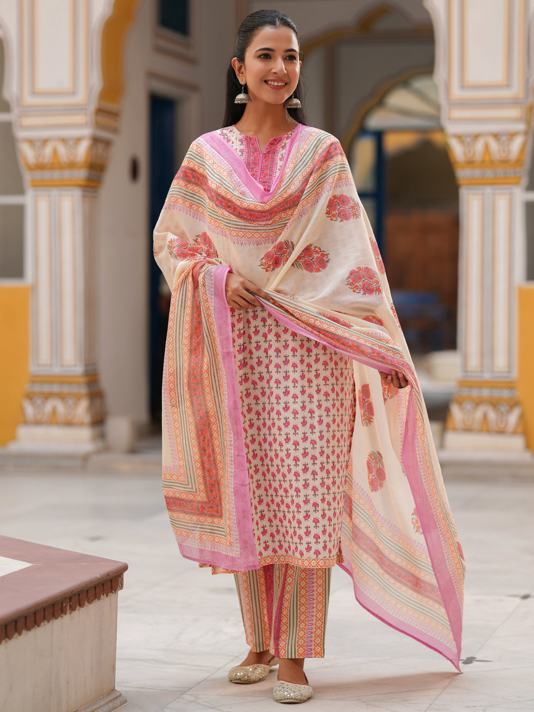 Women Ethnic Motifs Printed Lace Work Pure Cotton Kurta Set With Dupatta