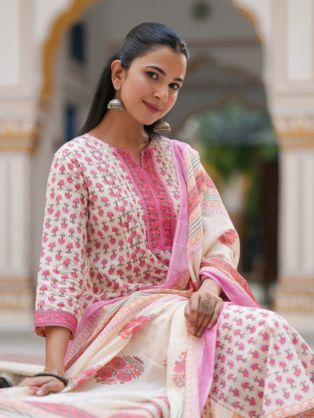 Women Ethnic Motifs Printed Lace Work Pure Cotton Kurta Set With Dupatta