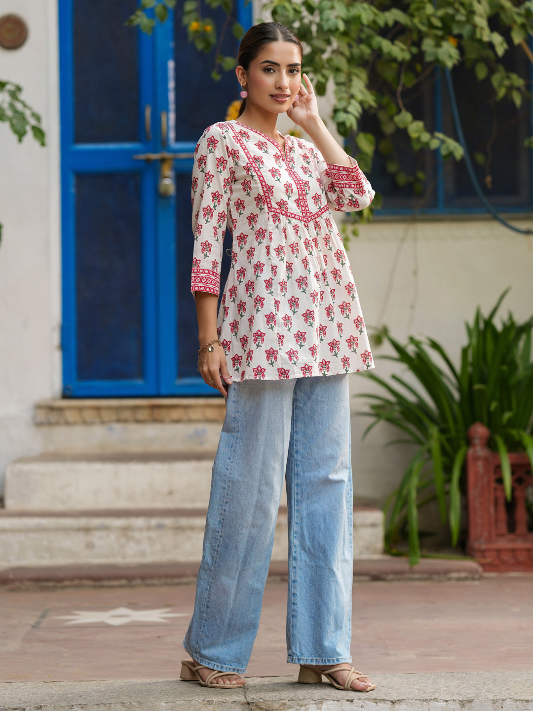 Ethnic Motifs Printed V-Neck Pure Cotton A-Line Top