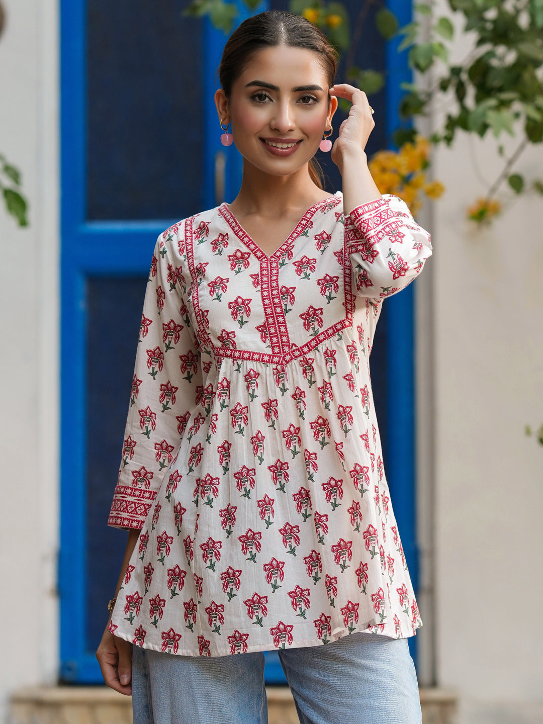 Ethnic Motifs Printed V-Neck Pure Cotton A-Line Top