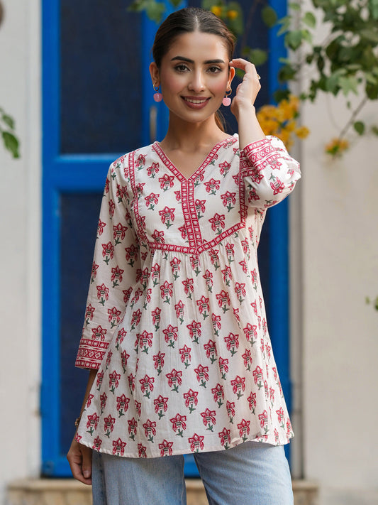 Ethnic Motifs Printed V-Neck Pure Cotton A-Line Top