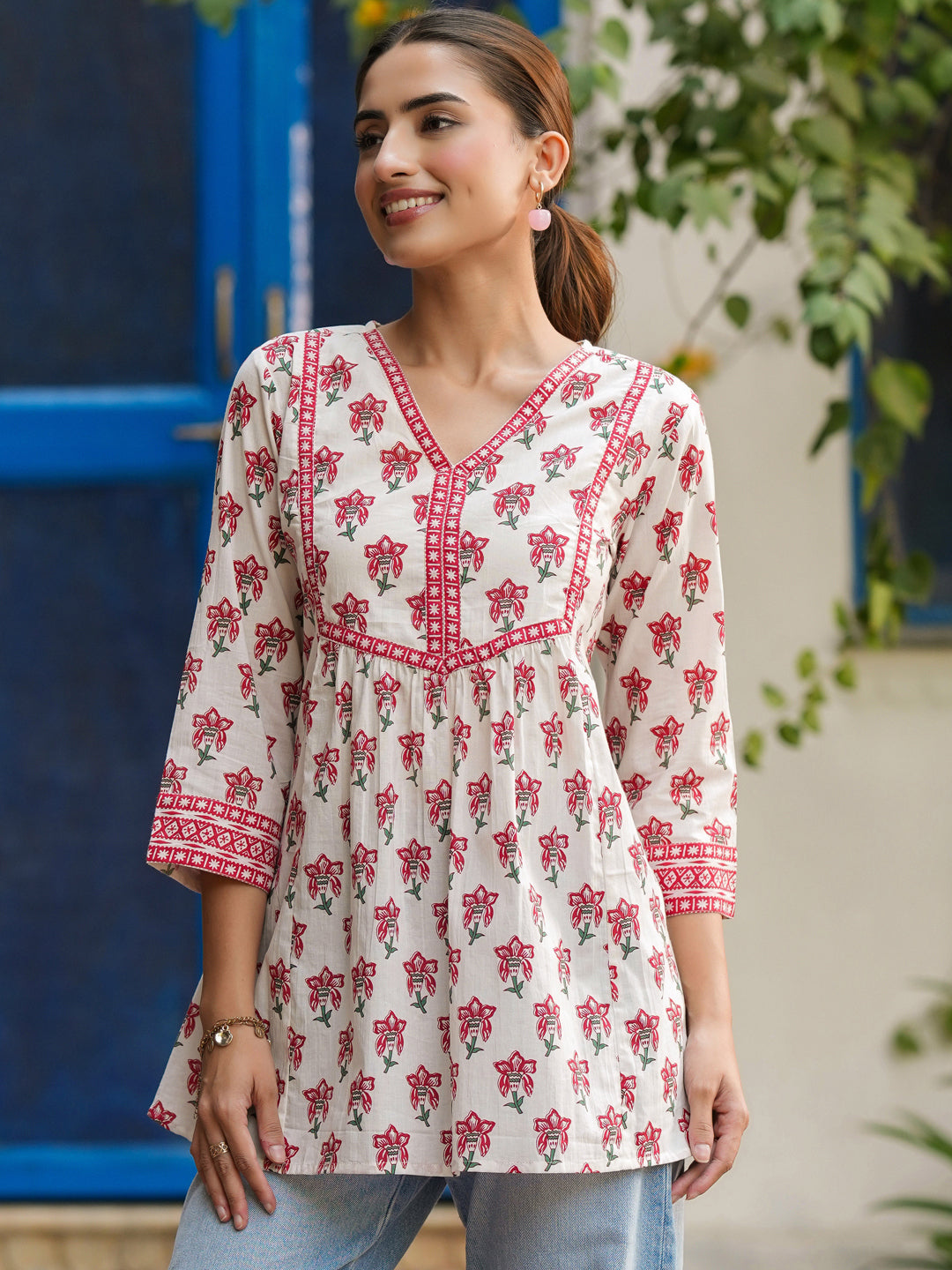Ethnic Motifs Printed V-Neck Pure Cotton A-Line Top