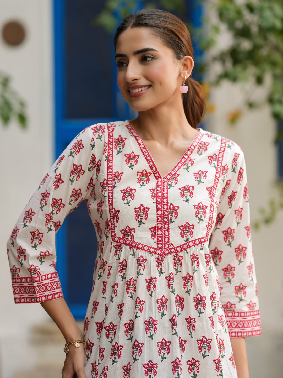 Ethnic Motifs Printed V-Neck Pure Cotton A-Line Top