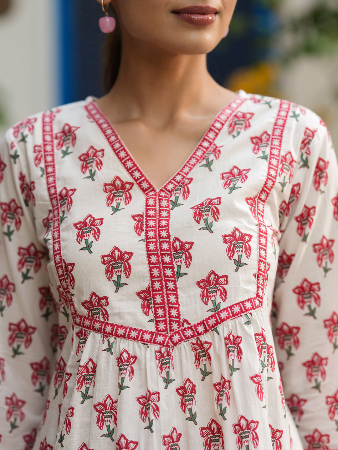 Ethnic Motifs Printed V-Neck Pure Cotton A-Line Top