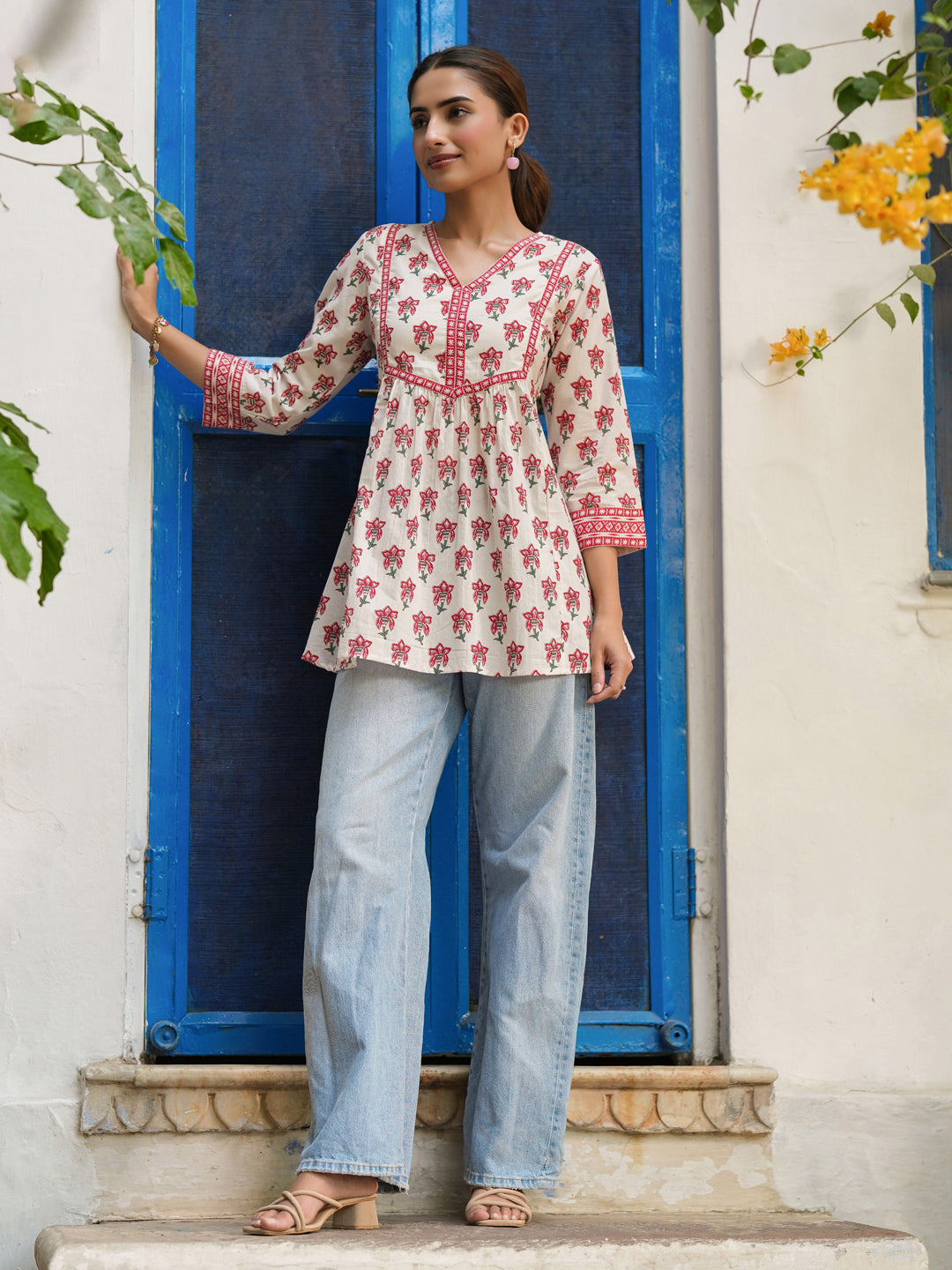 Ethnic Motifs Printed V-Neck Pure Cotton A-Line Top