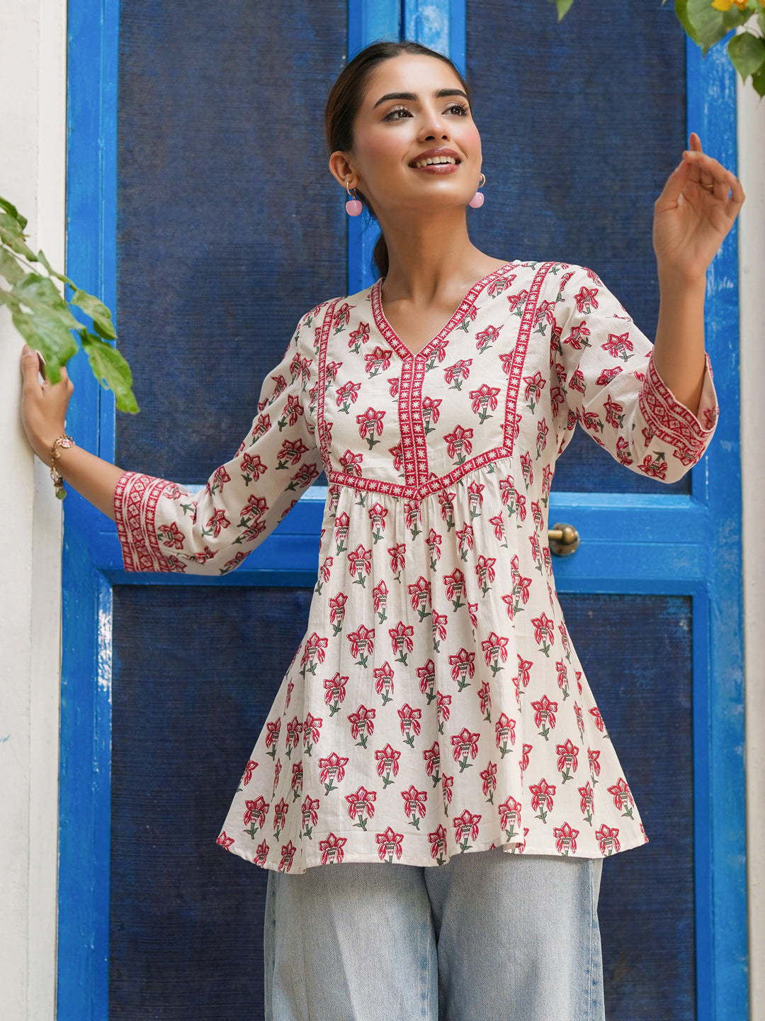 Ethnic Motifs Printed V-Neck Pure Cotton A-Line Top