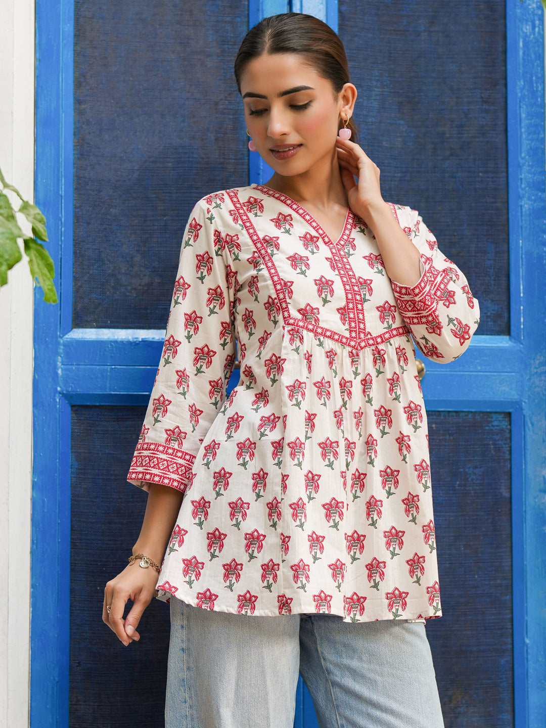 Ethnic Motifs Printed V-Neck Pure Cotton A-Line Top