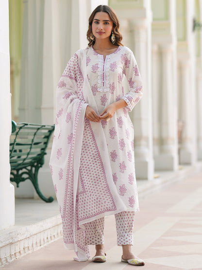 Women Floral Printed Cotton Kurta with Trousers & Dupatta