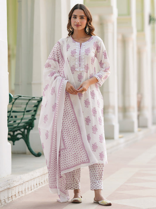 Women Floral Printed Cotton Kurta with Trousers & Dupatta