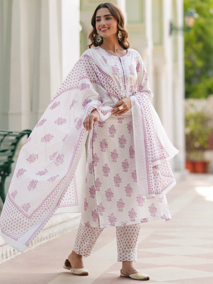Women Floral Printed Cotton Kurta with Trousers & Dupatta
