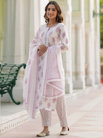 Women Floral Printed Cotton Kurta with Trousers & Dupatta