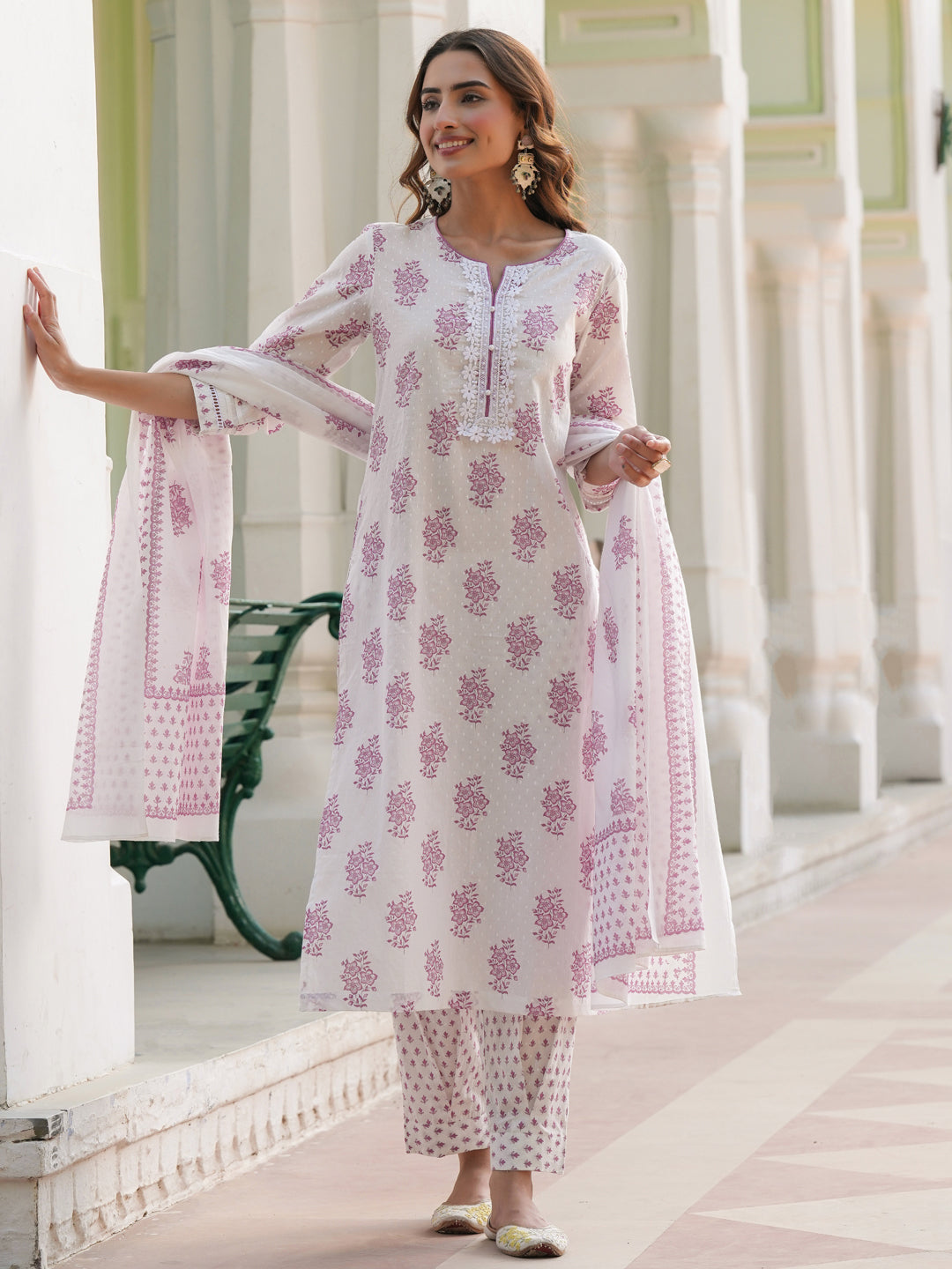 Women Floral Printed Cotton Kurta with Trousers & Dupatta
