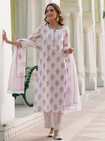 Women Floral Printed Cotton Kurta with Trousers & Dupatta