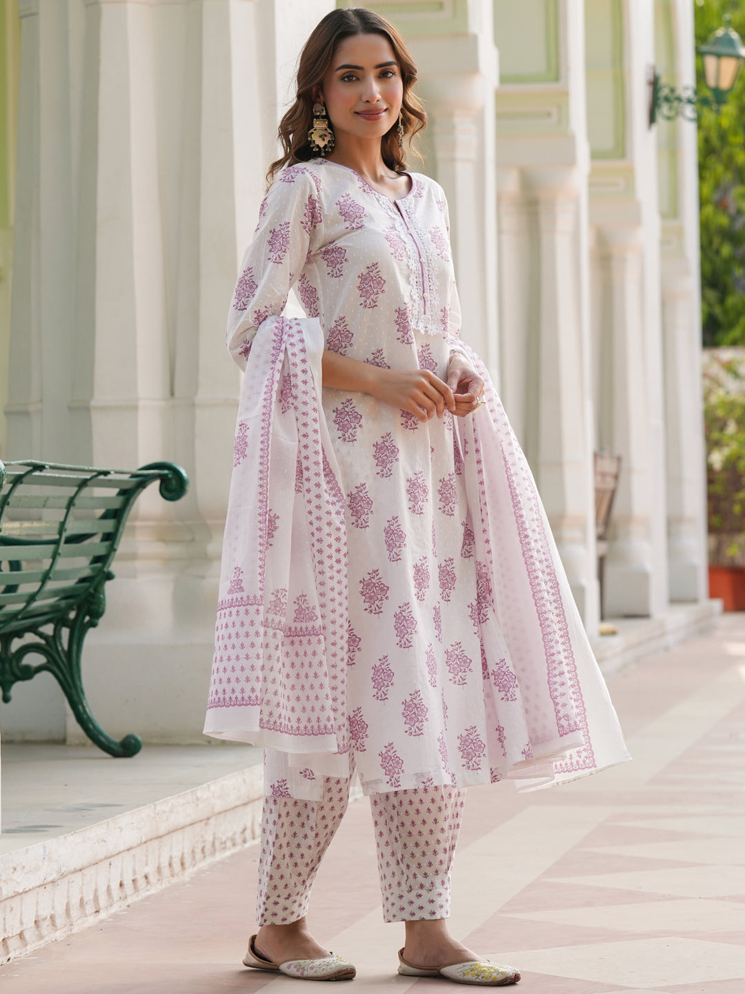 Women Floral Printed Cotton Kurta with Trousers & Dupatta