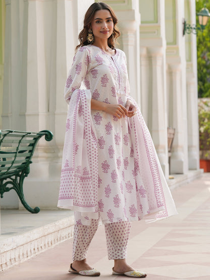 Women Floral Printed Cotton Kurta with Trousers & Dupatta