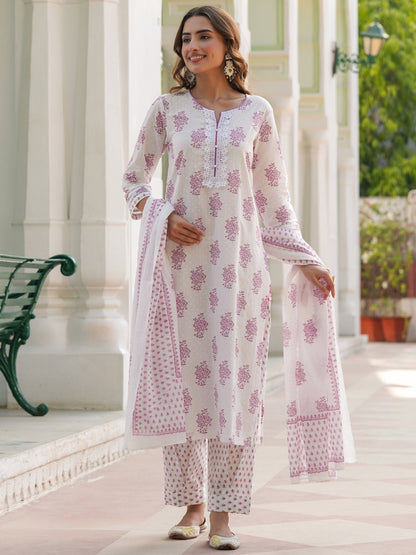 Women Floral Printed Cotton Kurta with Trousers & Dupatta