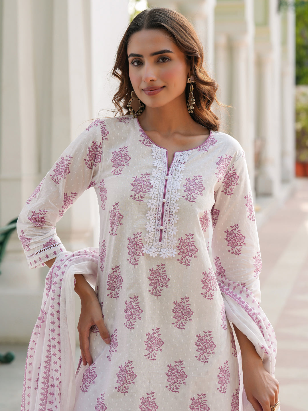 Women Floral Printed Cotton Kurta with Trousers & Dupatta