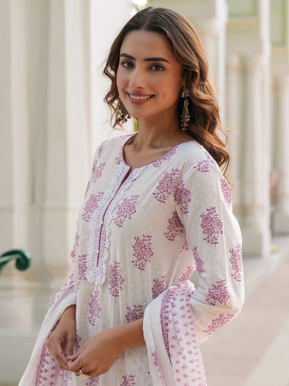 Women Floral Printed Cotton Kurta with Trousers & Dupatta
