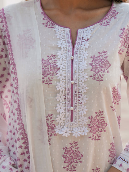 Women Floral Printed Cotton Kurta with Trousers & Dupatta