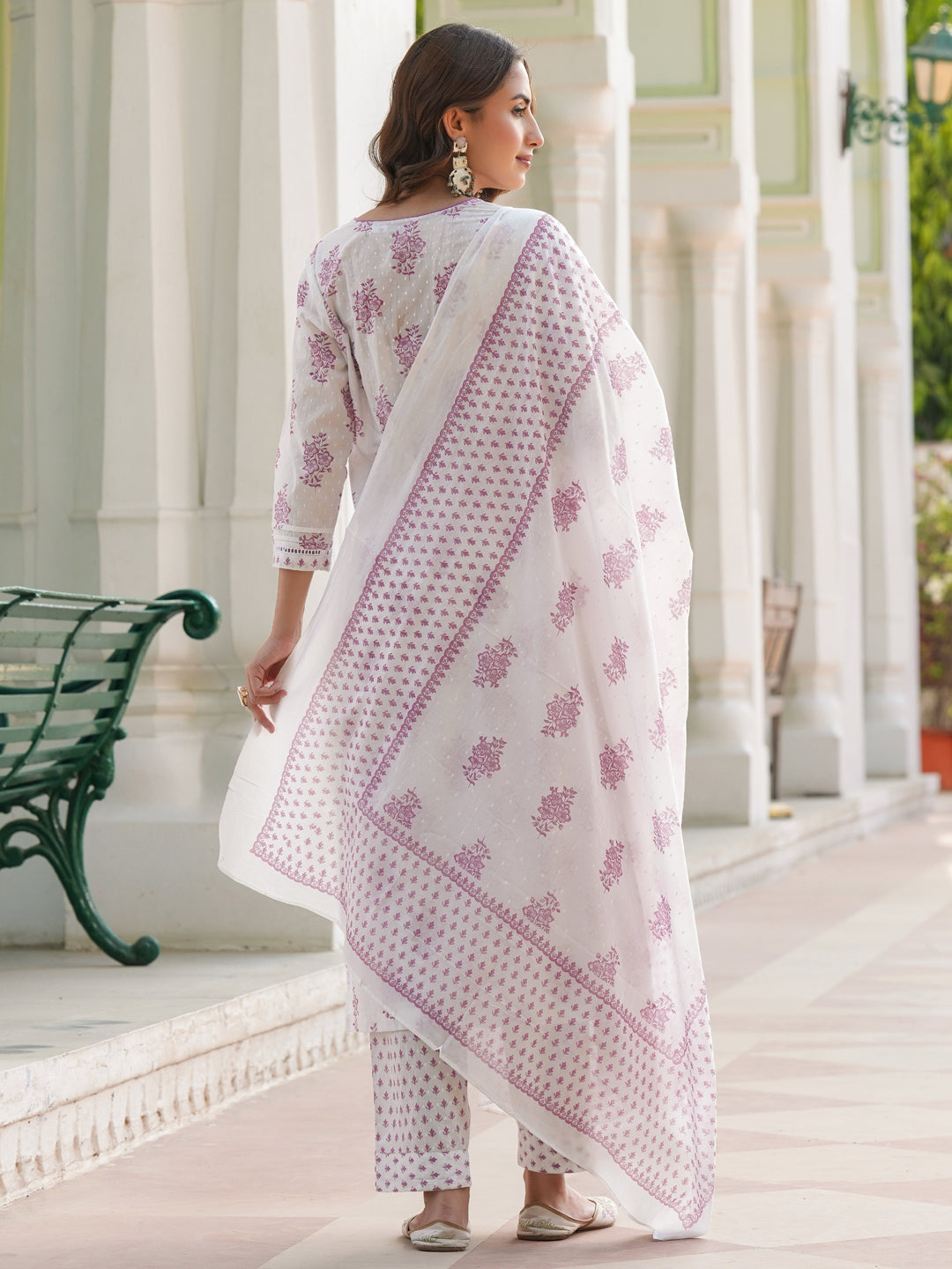 Women Floral Printed Cotton Kurta with Trousers & Dupatta